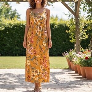 Naif Mustard Yellow Floral Print Maxi Dress Spaghetti Straps Smocked Waist